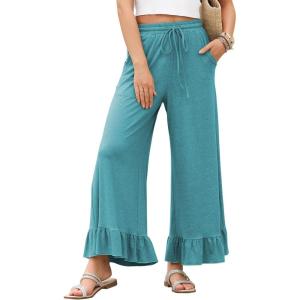 imageEVALESS Womens Wide Leg Pants Drawstring Elastic High Waisted Ruffle Hem Palazzo Pants with PocketsTurquoise