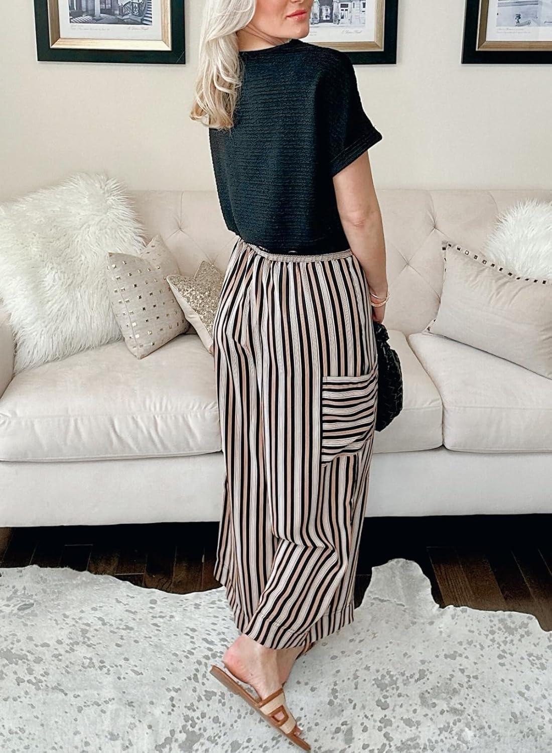 imageEVALESS Women Palazzo Pants Summer Casual Wide Leg High Waist Lounge Flowy Beach Striped Trousers Travel Vacation OutfitsBlack Stripe