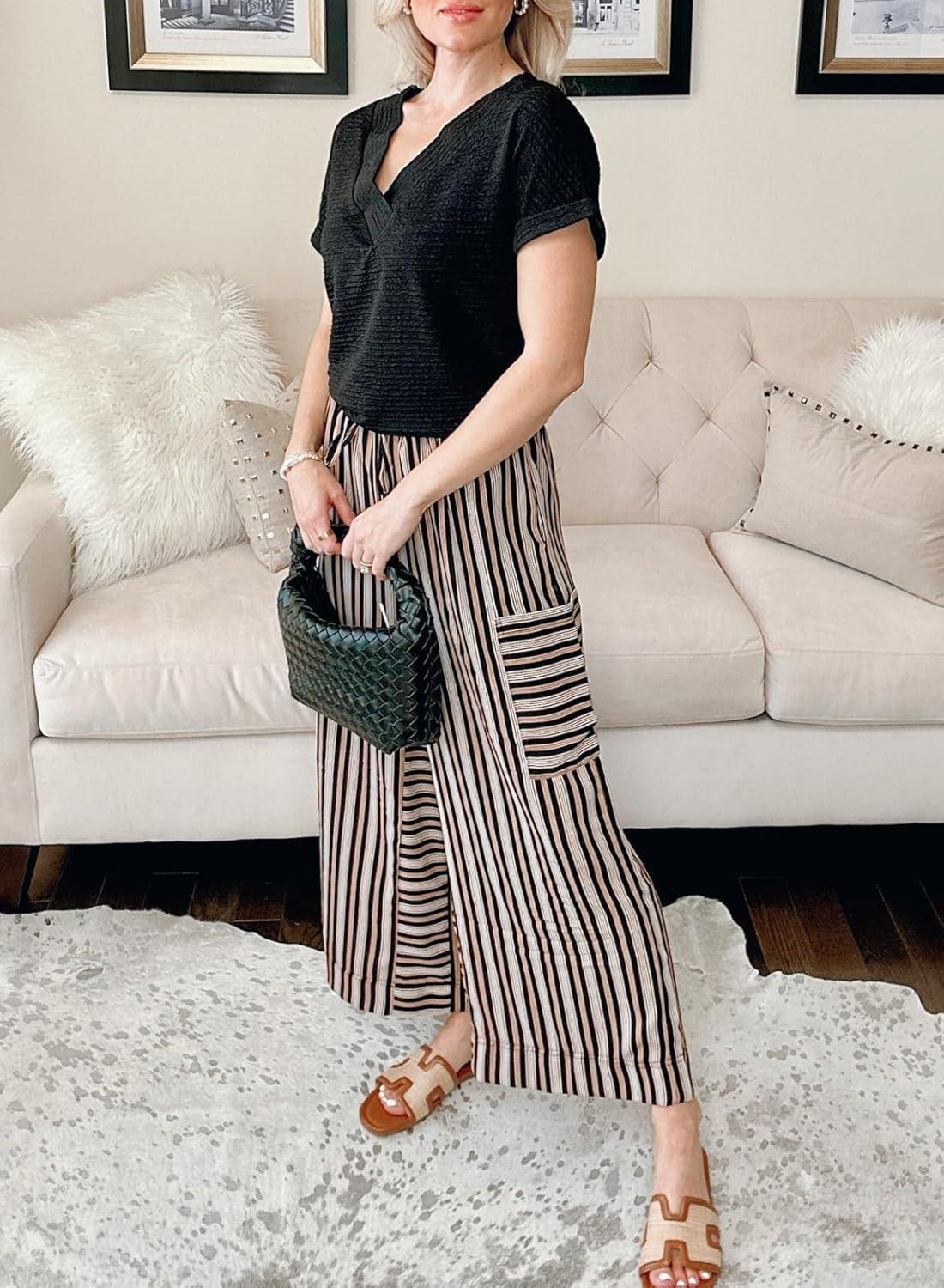 imageEVALESS Women Palazzo Pants Summer Casual Wide Leg High Waist Lounge Flowy Beach Striped Trousers Travel Vacation OutfitsBlack Stripe