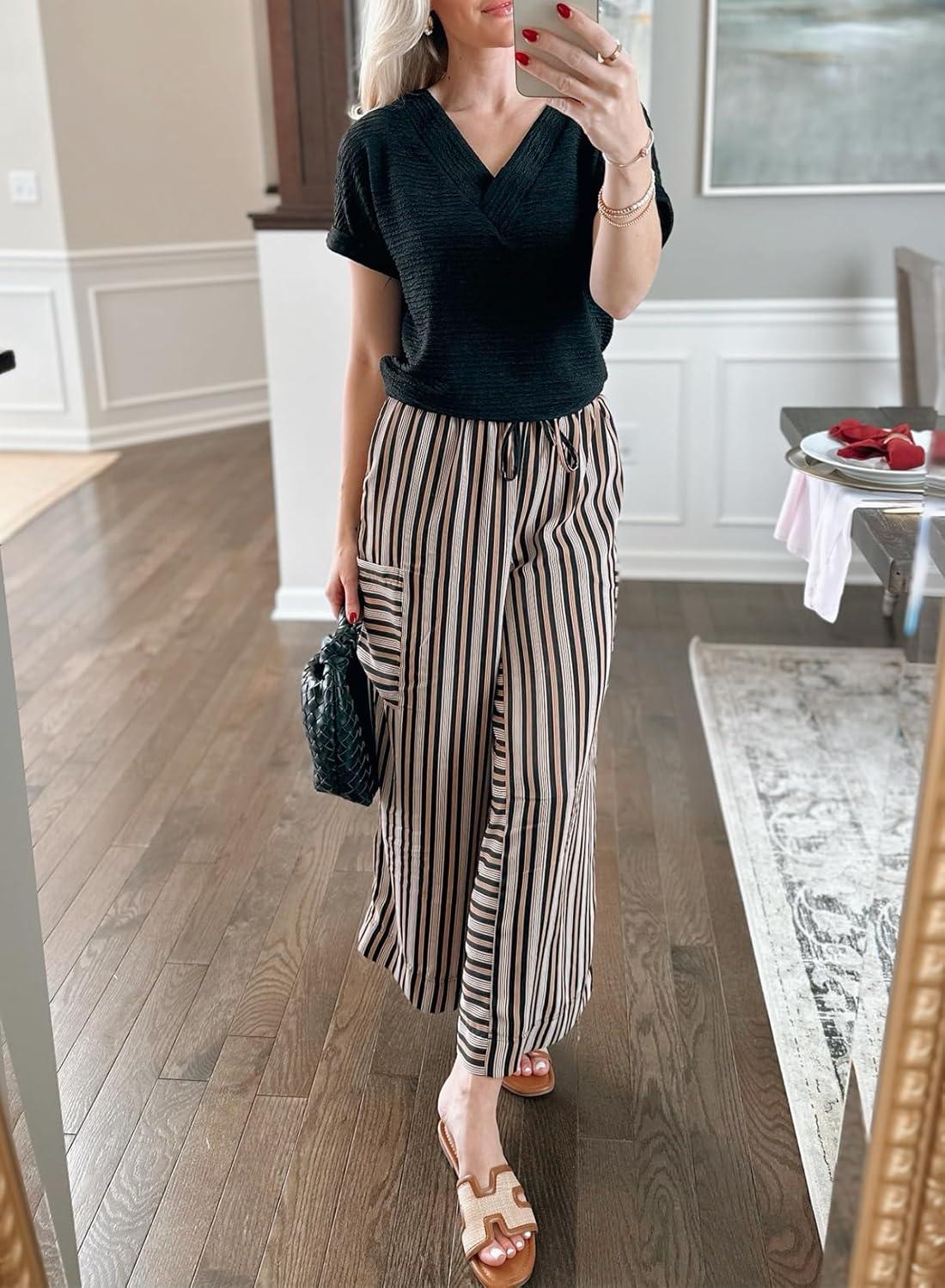 imageEVALESS Women Palazzo Pants Summer Casual Wide Leg High Waist Lounge Flowy Beach Striped Trousers Travel Vacation OutfitsBlack Stripe