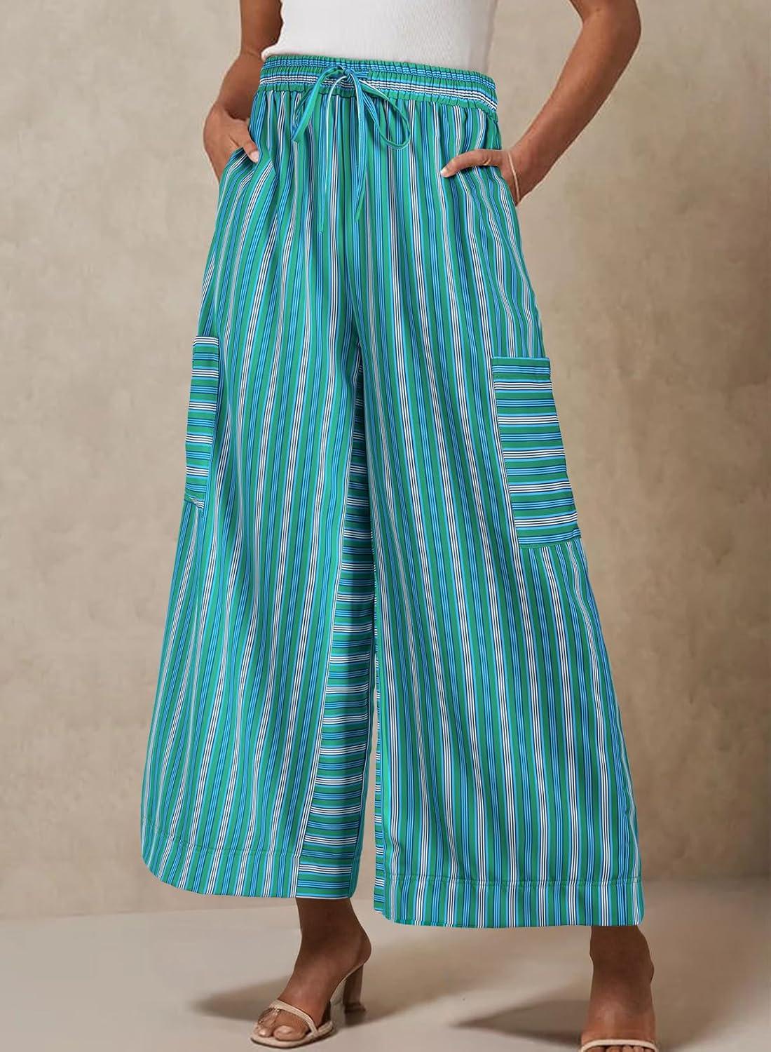 imageEVALESS Women Palazzo Pants Summer Casual Wide Leg High Waist Lounge Flowy Beach Striped Trousers Travel Vacation OutfitsBlue Stripe