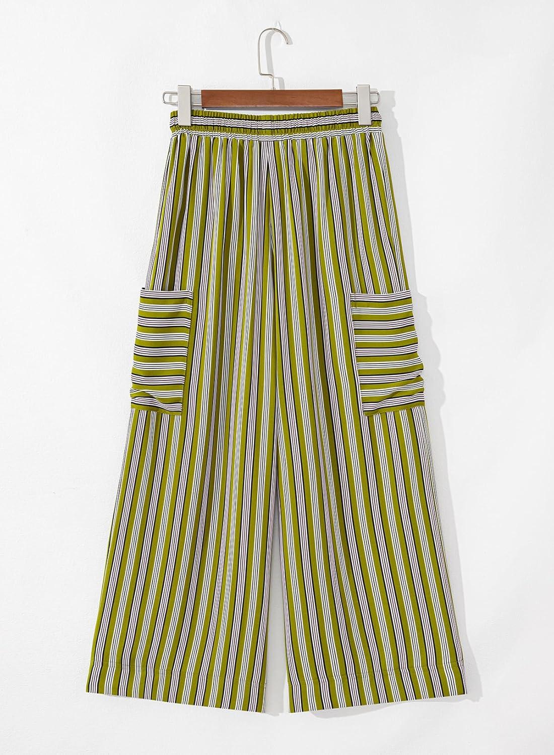 imageEVALESS Women Palazzo Pants Summer Casual Wide Leg High Waist Lounge Flowy Beach Striped Trousers Travel Vacation OutfitsGreen Stripe