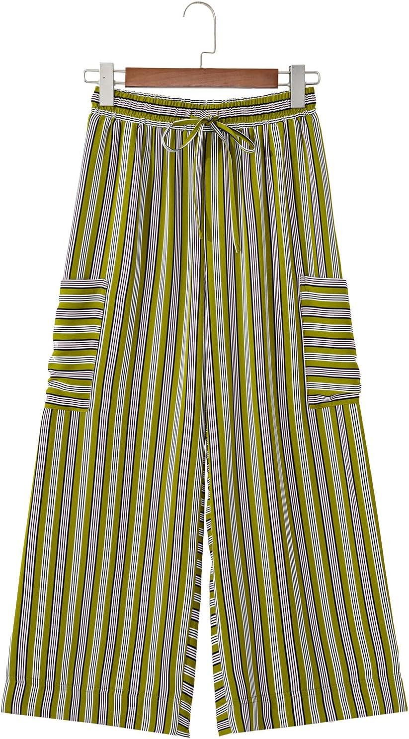 imageEVALESS Women Palazzo Pants Summer Casual Wide Leg High Waist Lounge Flowy Beach Striped Trousers Travel Vacation OutfitsGreen Stripe