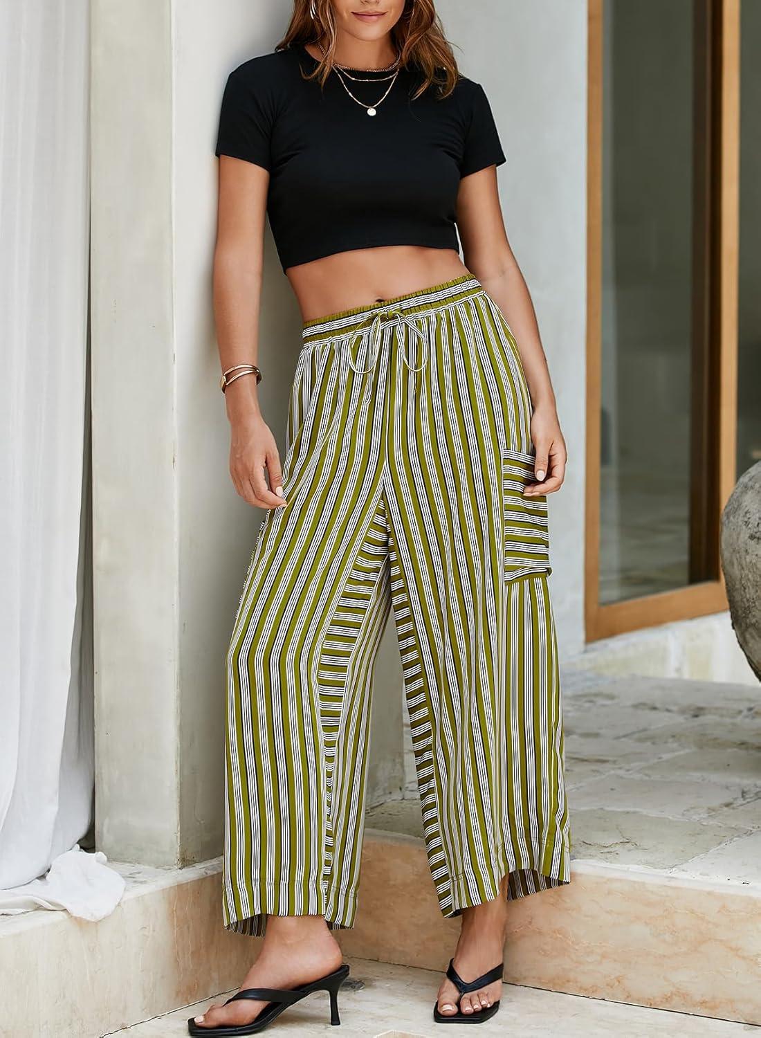 imageEVALESS Women Palazzo Pants Summer Casual Wide Leg High Waist Lounge Flowy Beach Striped Trousers Travel Vacation OutfitsGreen Stripe