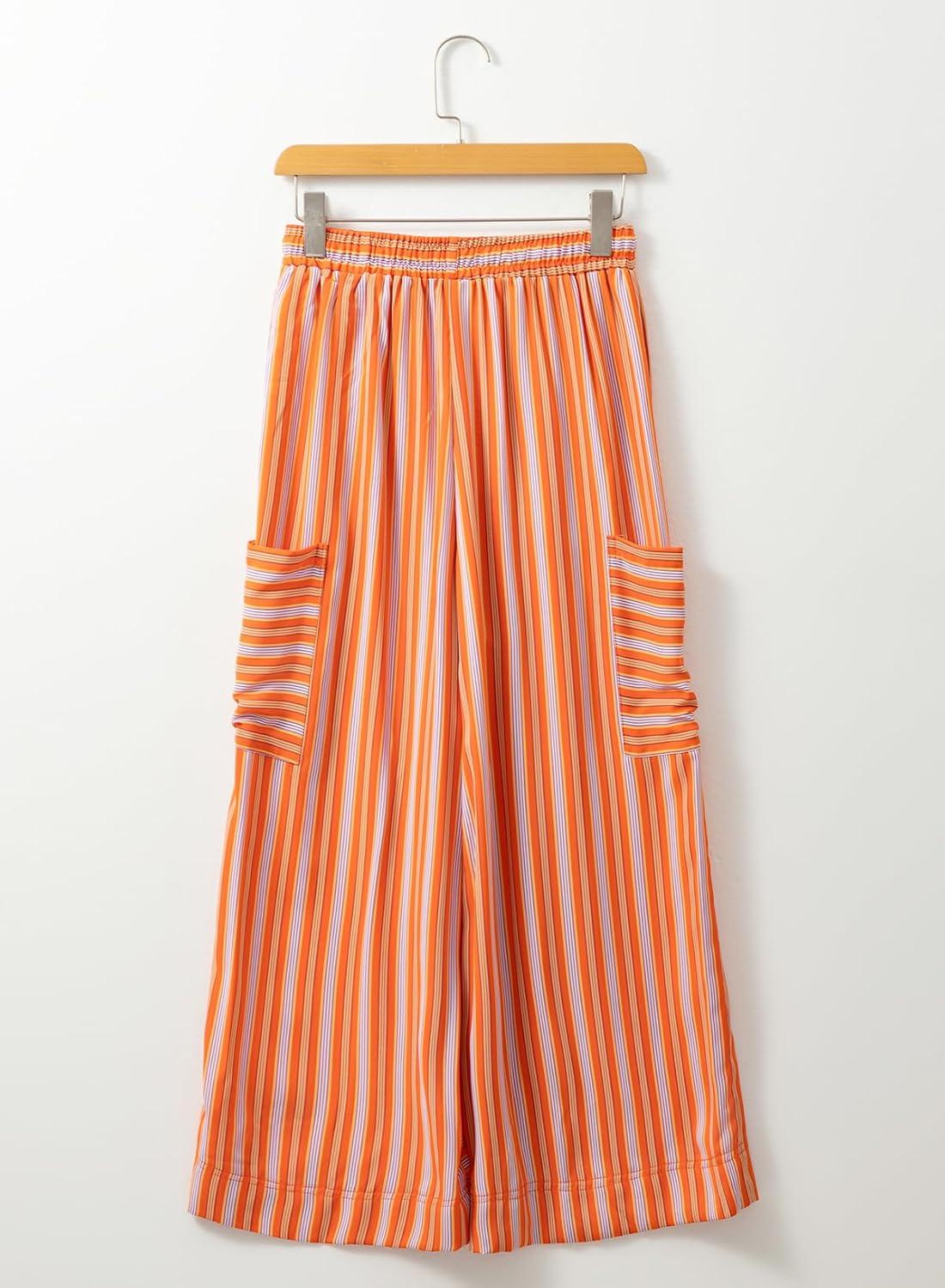 imageEVALESS Women Palazzo Pants Summer Casual Wide Leg High Waist Lounge Flowy Beach Striped Trousers Travel Vacation OutfitsOrange Stripe