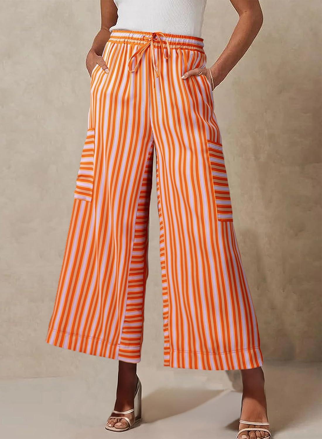 imageEVALESS Women Palazzo Pants Summer Casual Wide Leg High Waist Lounge Flowy Beach Striped Trousers Travel Vacation OutfitsOrange Stripe