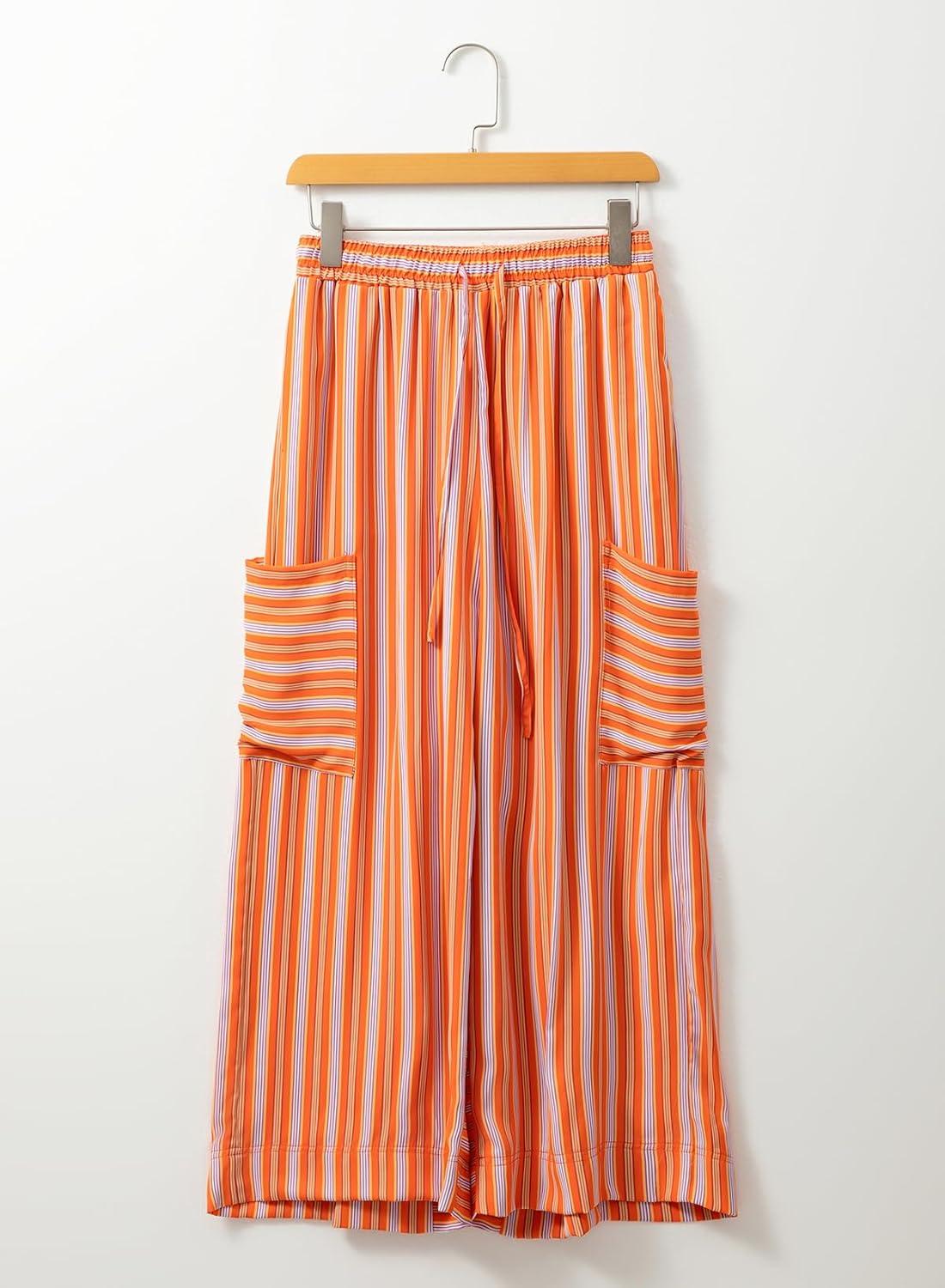 imageEVALESS Women Palazzo Pants Summer Casual Wide Leg High Waist Lounge Flowy Beach Striped Trousers Travel Vacation OutfitsOrange Stripe