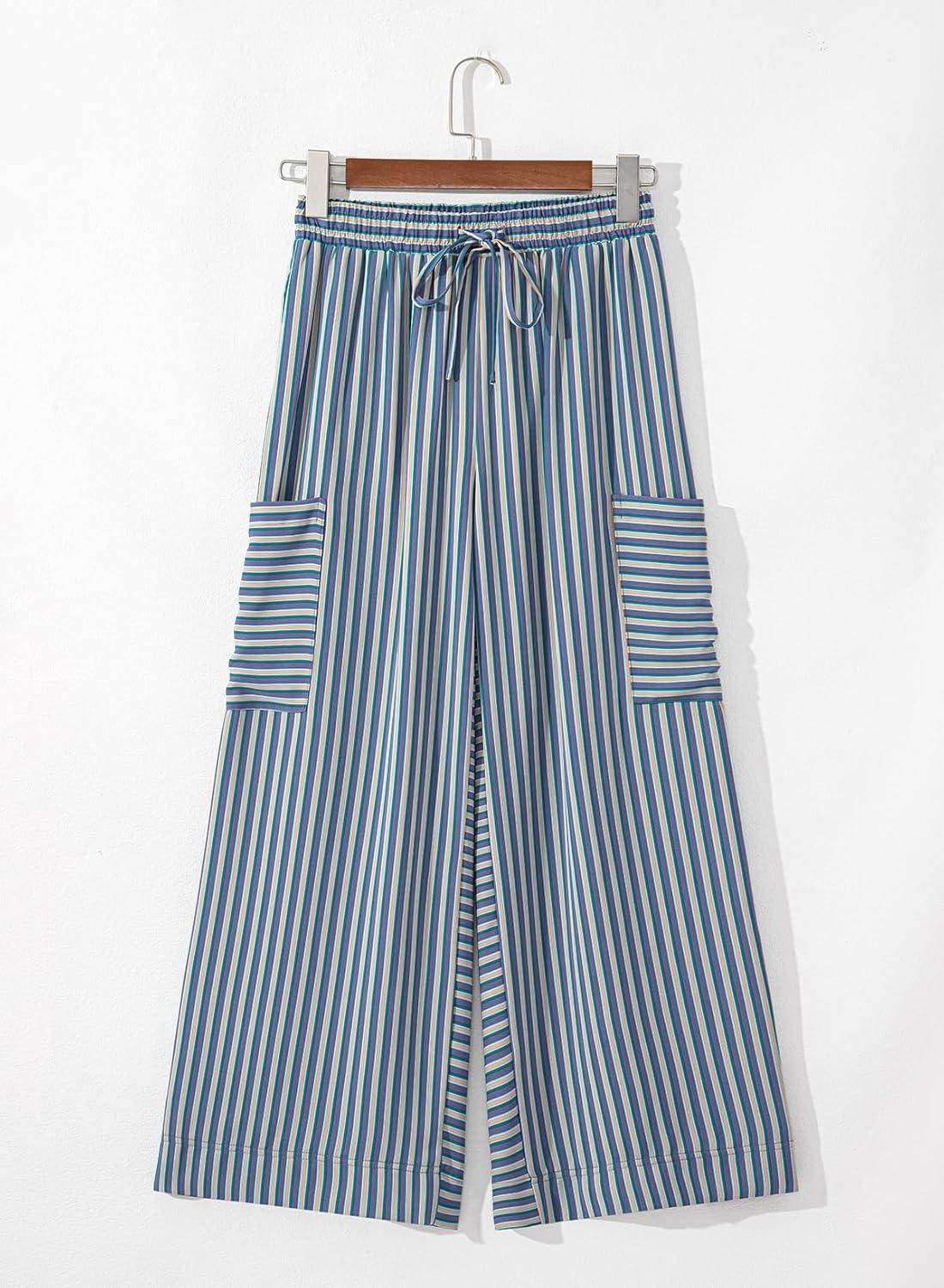 imageEVALESS Women Palazzo Pants Summer Casual Wide Leg High Waist Lounge Flowy Beach Striped Trousers Travel Vacation OutfitsSky Blue Stripe