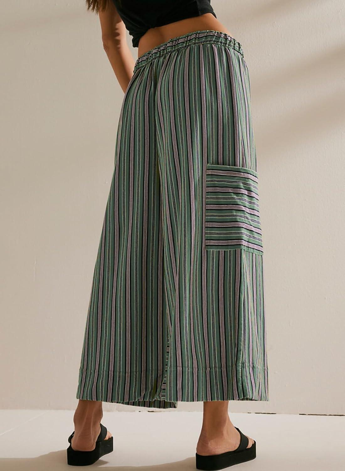 imageEVALESS Women Palazzo Pants Summer Casual Wide Leg High Waist Lounge Flowy Beach Striped Trousers Travel Vacation OutfitsVineyard Green