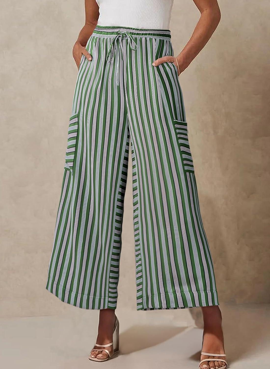 imageEVALESS Women Palazzo Pants Summer Casual Wide Leg High Waist Lounge Flowy Beach Striped Trousers Travel Vacation OutfitsVineyard Green