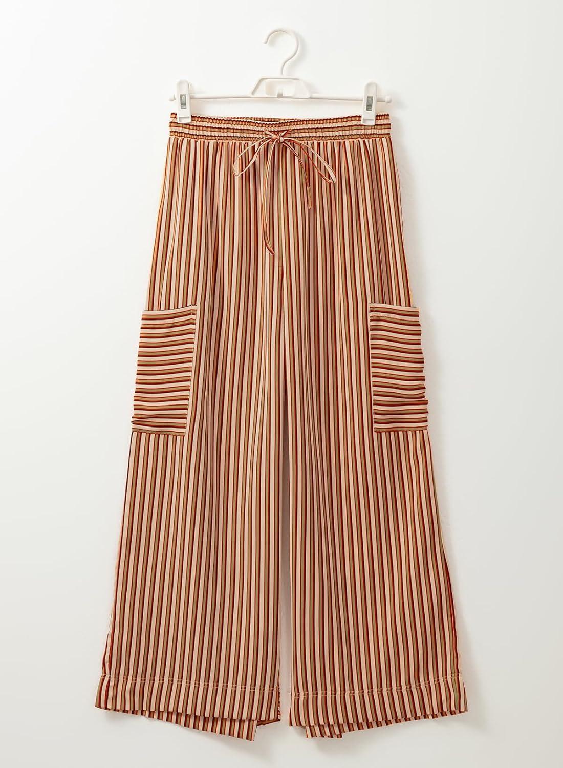 imageEVALESS Women Palazzo Pants Summer Casual Wide Leg High Waist Lounge Flowy Beach Striped Trousers Travel Vacation OutfitsYellow Stripe