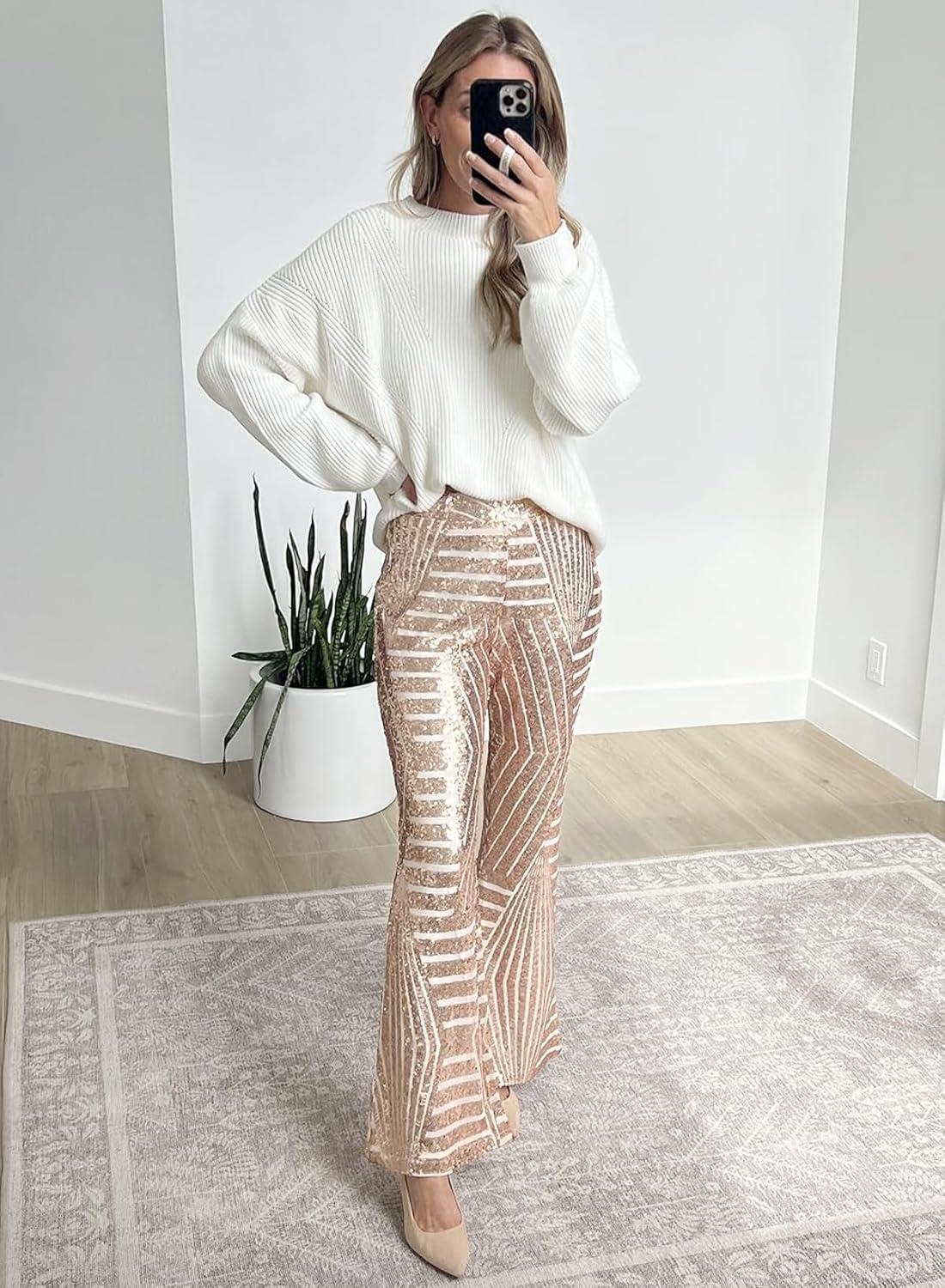 imageEVALESS Women Sequin Pants Sparkly Glitter High Waisted Wide Leg Flare Trousers Bell Bottom Night Out ClubwearApricot