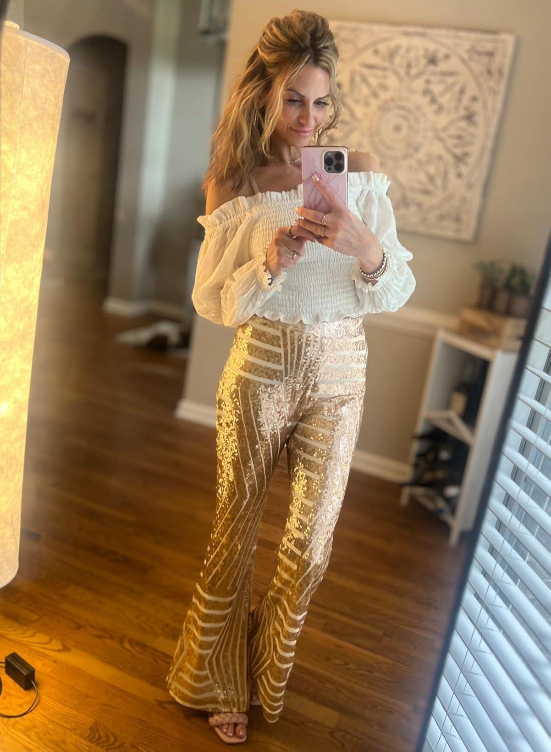 imageEVALESS Women Sequin Pants Sparkly Glitter High Waisted Wide Leg Flare Trousers Bell Bottom Night Out ClubwearApricot