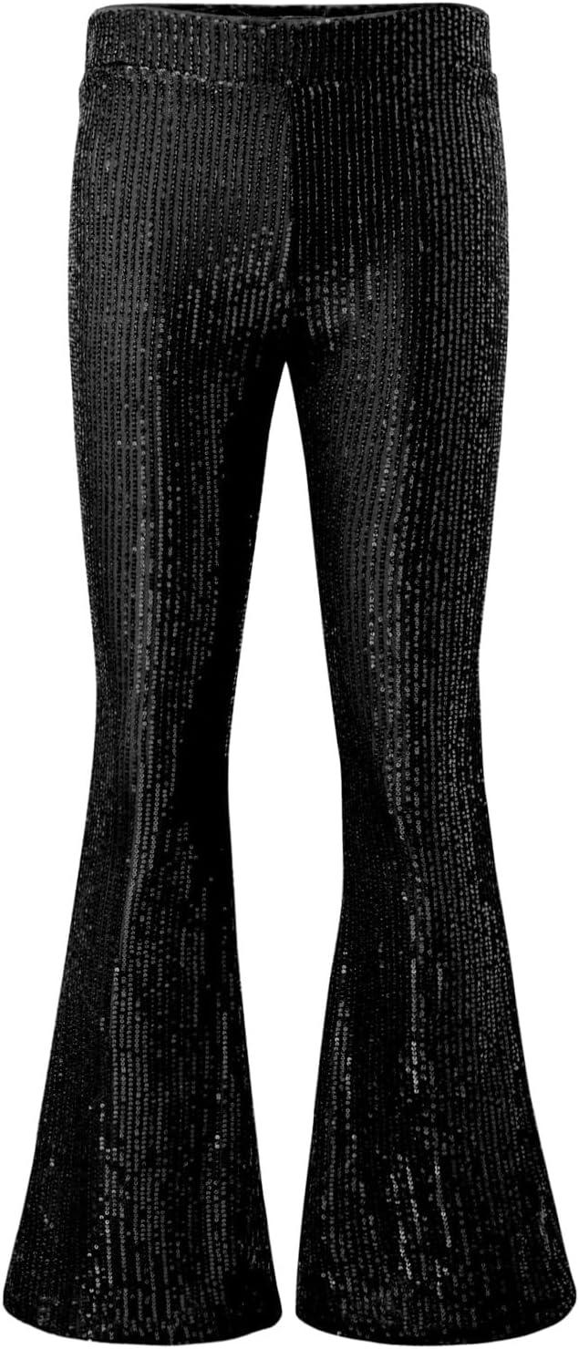 imageEVALESS Women Sequin Pants Sparkly Glitter High Waisted Wide Leg Flare Trousers Bell Bottom Night Out ClubwearBlack