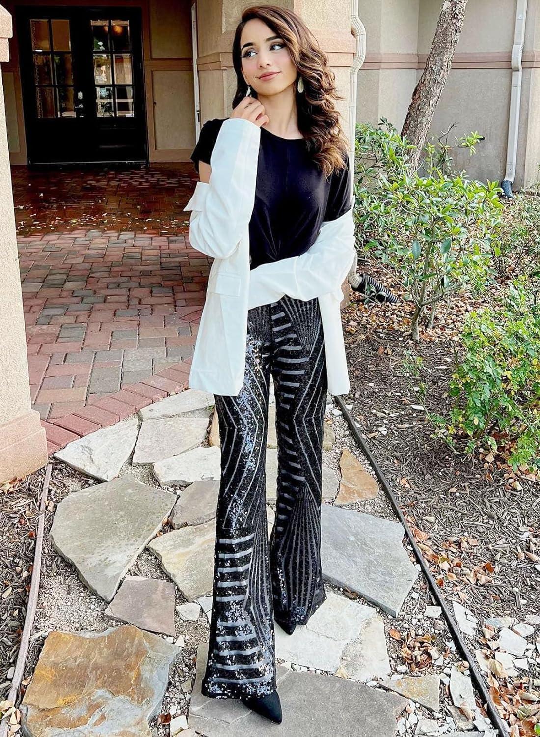 imageEVALESS Women Sequin Pants Sparkly Glitter High Waisted Wide Leg Flare Trousers Bell Bottom Night Out ClubwearBlackwhite