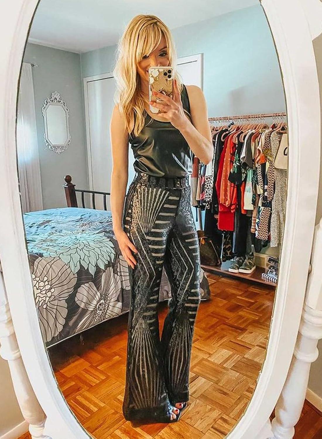 imageEVALESS Women Sequin Pants Sparkly Glitter High Waisted Wide Leg Flare Trousers Bell Bottom Night Out ClubwearBlackwhite
