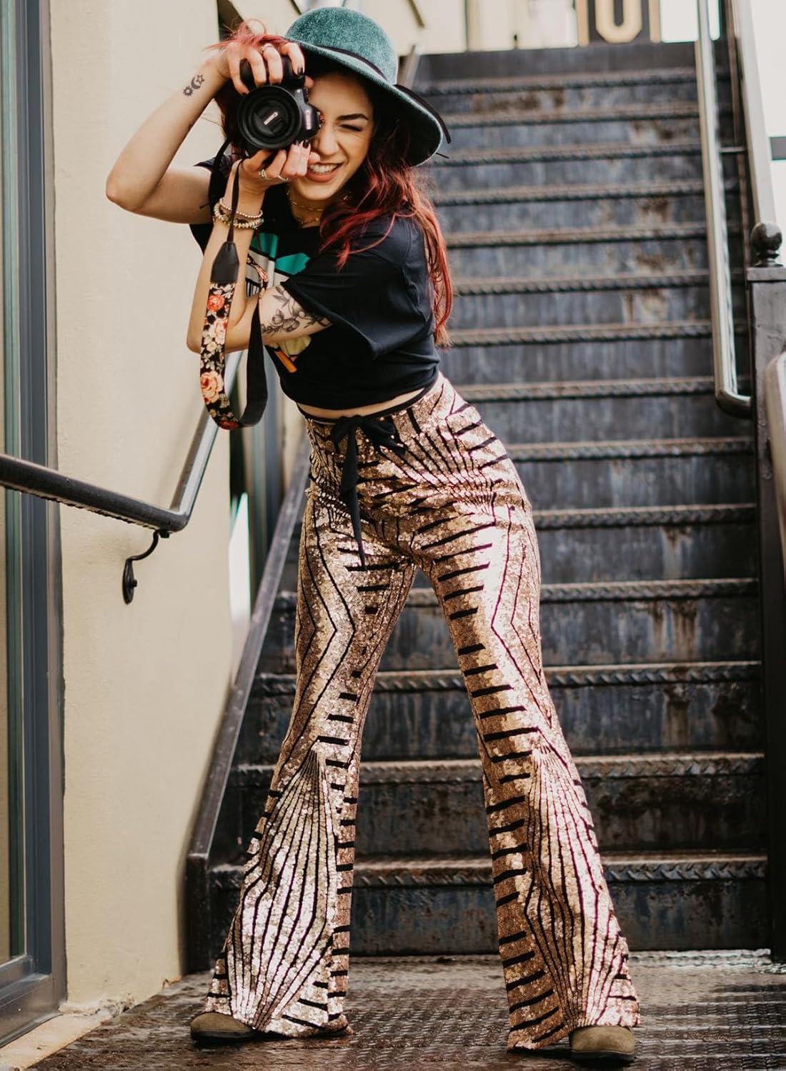 imageEVALESS Women Sequin Pants Sparkly Glitter High Waisted Wide Leg Flare Trousers Bell Bottom Night Out ClubwearBrown