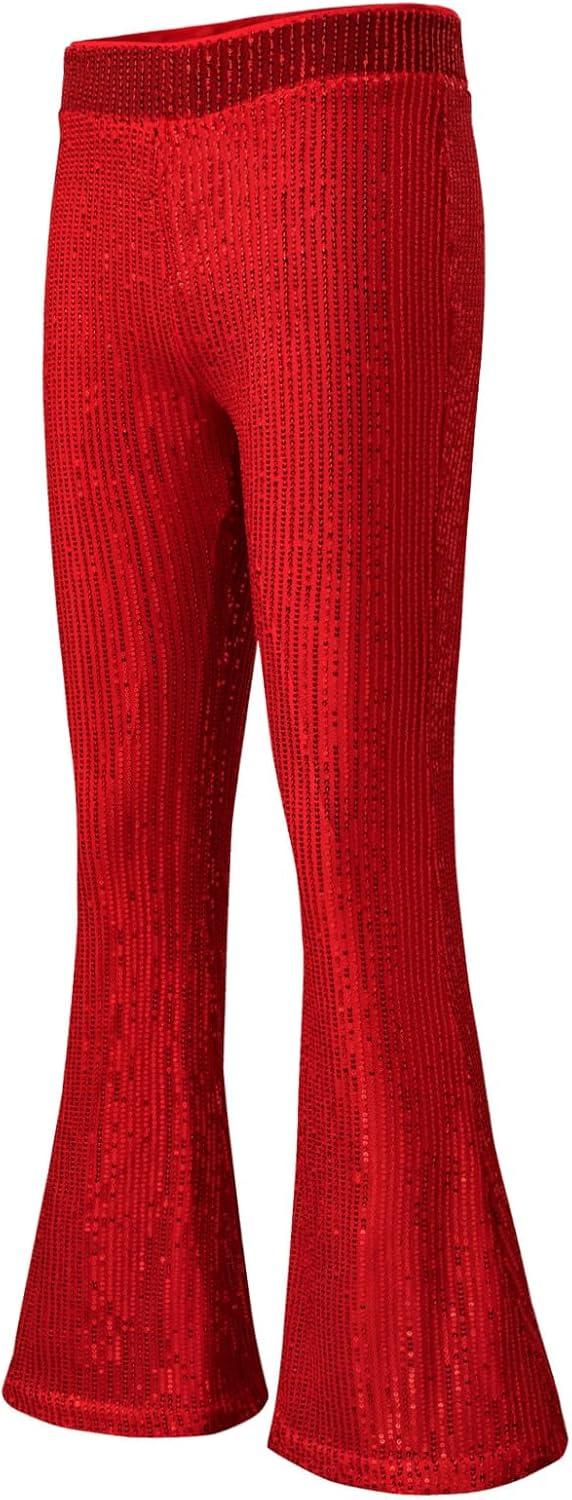 imageEVALESS Women Sequin Pants Sparkly Glitter High Waisted Wide Leg Flare Trousers Bell Bottom Night Out ClubwearFiery Red