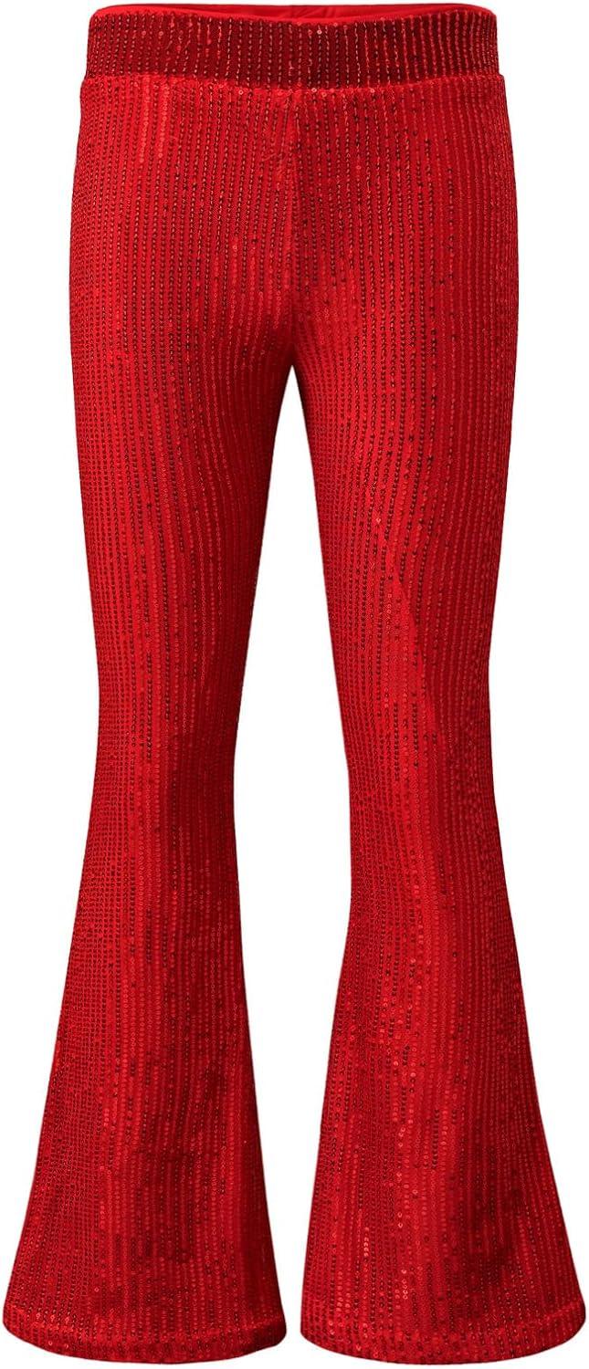 imageEVALESS Women Sequin Pants Sparkly Glitter High Waisted Wide Leg Flare Trousers Bell Bottom Night Out ClubwearFiery Red