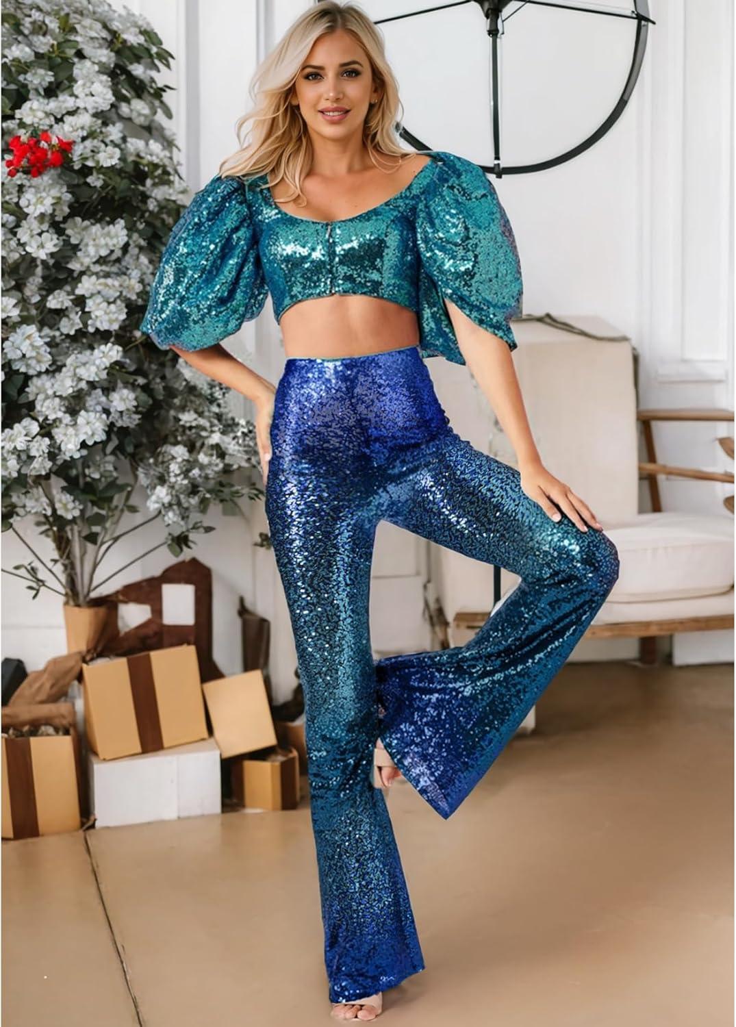 imageEVALESS Women Sequin Pants Sparkly Glitter High Waisted Wide Leg Flare Trousers Bell Bottom Night Out ClubwearGradient Blue