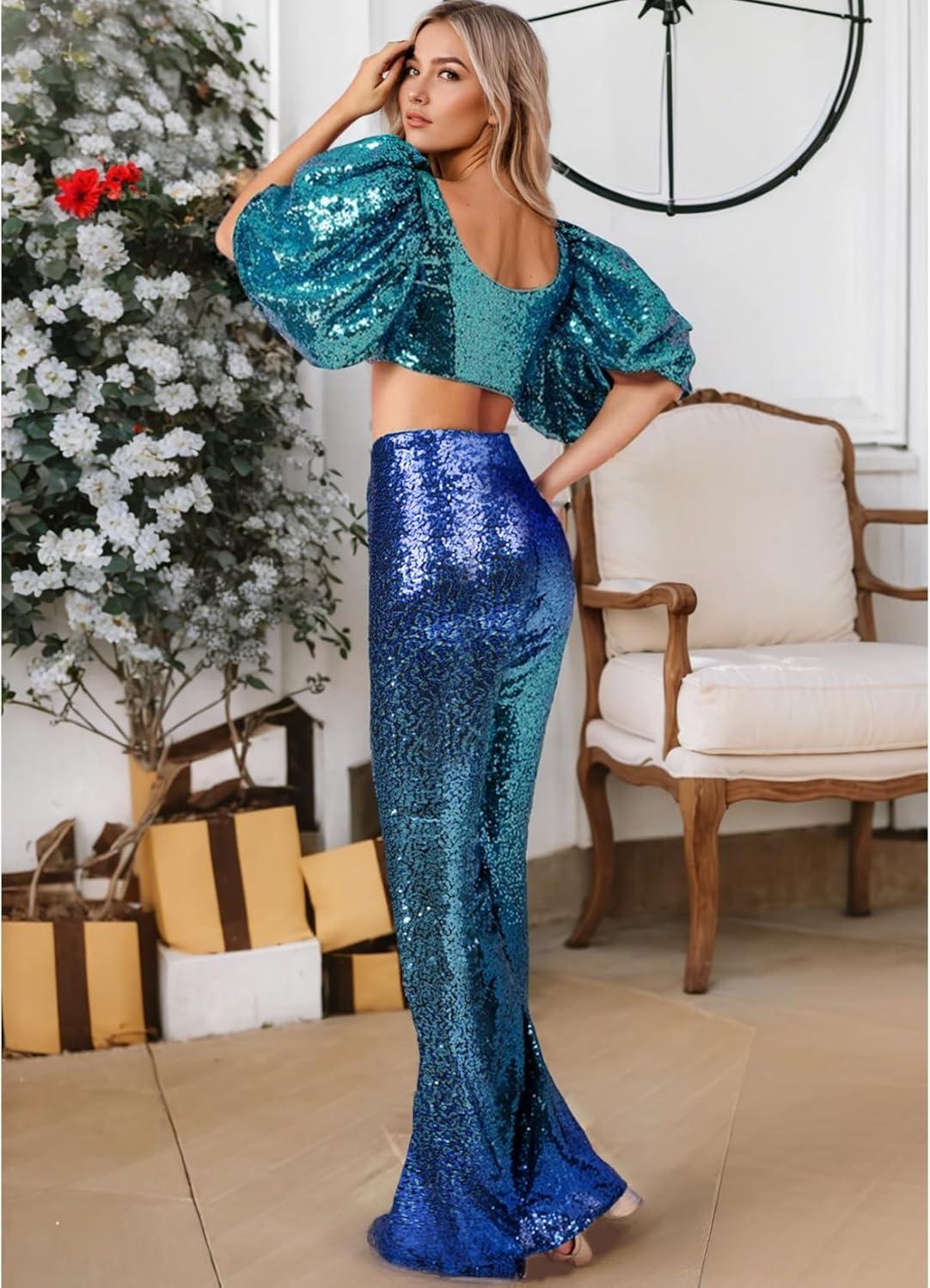 imageEVALESS Women Sequin Pants Sparkly Glitter High Waisted Wide Leg Flare Trousers Bell Bottom Night Out ClubwearGradient Blue