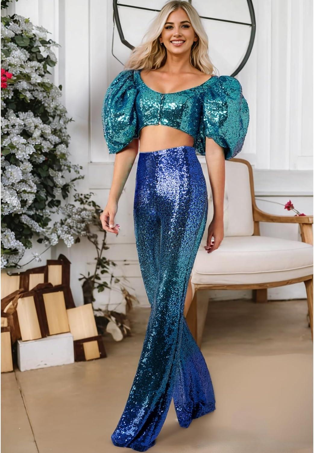 imageEVALESS Women Sequin Pants Sparkly Glitter High Waisted Wide Leg Flare Trousers Bell Bottom Night Out ClubwearGradient Blue