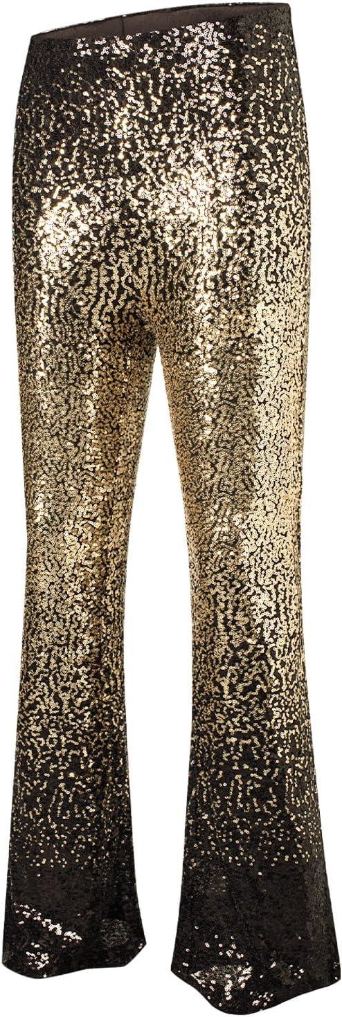 imageEVALESS Women Sequin Pants Sparkly Glitter High Waisted Wide Leg Flare Trousers Bell Bottom Night Out ClubwearGradient Gold Black