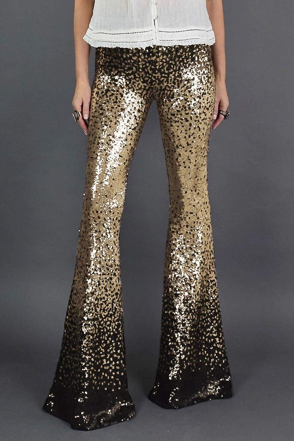 imageEVALESS Women Sequin Pants Sparkly Glitter High Waisted Wide Leg Flare Trousers Bell Bottom Night Out ClubwearGradient Gold Black