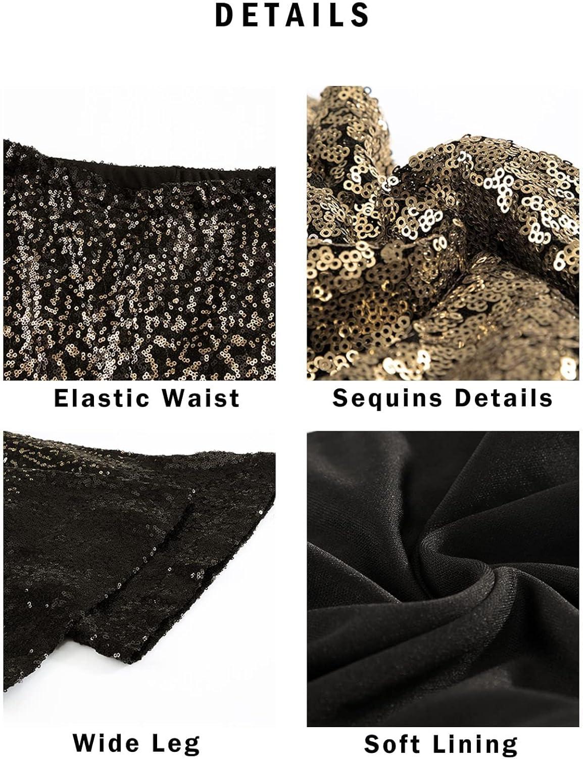 imageEVALESS Women Sequin Pants Sparkly Glitter High Waisted Wide Leg Flare Trousers Bell Bottom Night Out ClubwearGradient Gold Black