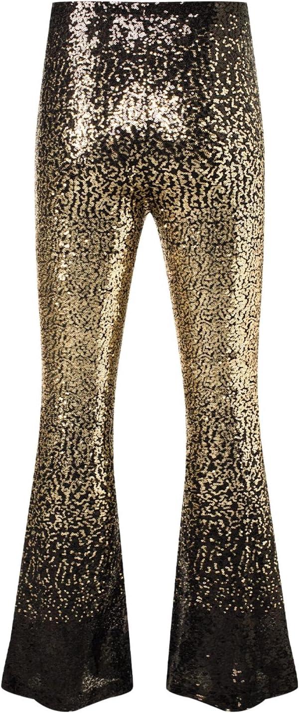 imageEVALESS Women Sequin Pants Sparkly Glitter High Waisted Wide Leg Flare Trousers Bell Bottom Night Out ClubwearGradient Gold Black