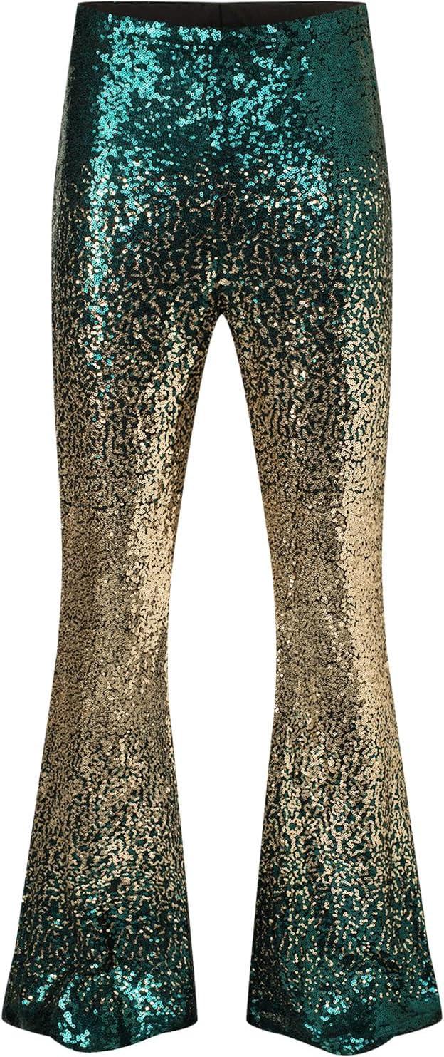 imageEVALESS Women Sequin Pants Sparkly Glitter High Waisted Wide Leg Flare Trousers Bell Bottom Night Out ClubwearGradient Gold Green