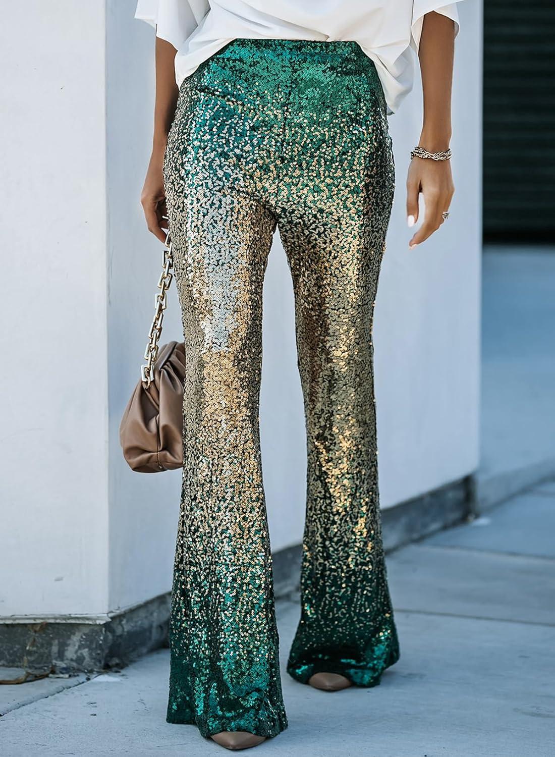 imageEVALESS Women Sequin Pants Sparkly Glitter High Waisted Wide Leg Flare Trousers Bell Bottom Night Out ClubwearGradient Gold Green