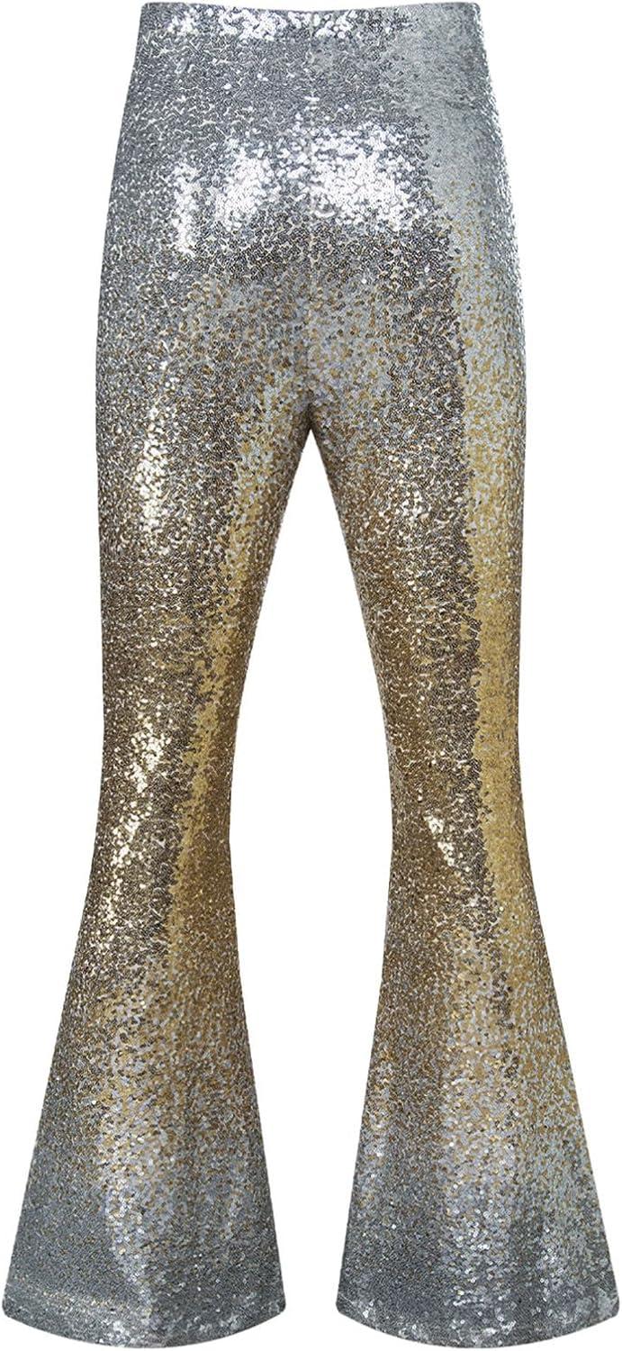 imageEVALESS Women Sequin Pants Sparkly Glitter High Waisted Wide Leg Flare Trousers Bell Bottom Night Out ClubwearGradient Gold Silver
