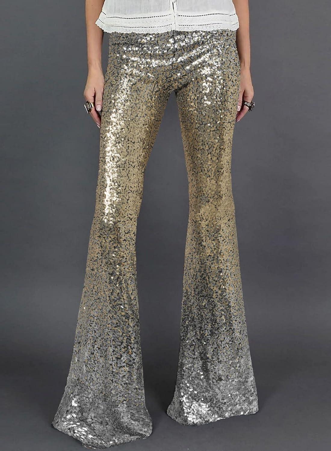 imageEVALESS Women Sequin Pants Sparkly Glitter High Waisted Wide Leg Flare Trousers Bell Bottom Night Out ClubwearGradient Gold Silver