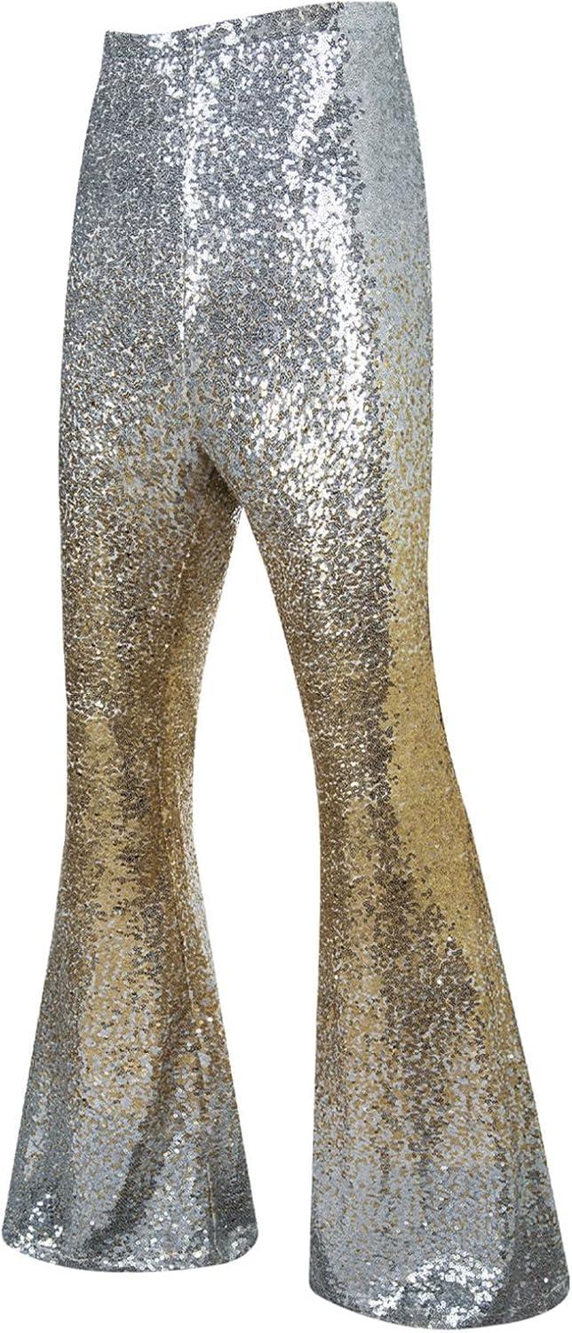 imageEVALESS Women Sequin Pants Sparkly Glitter High Waisted Wide Leg Flare Trousers Bell Bottom Night Out ClubwearGradient Gold Silver
