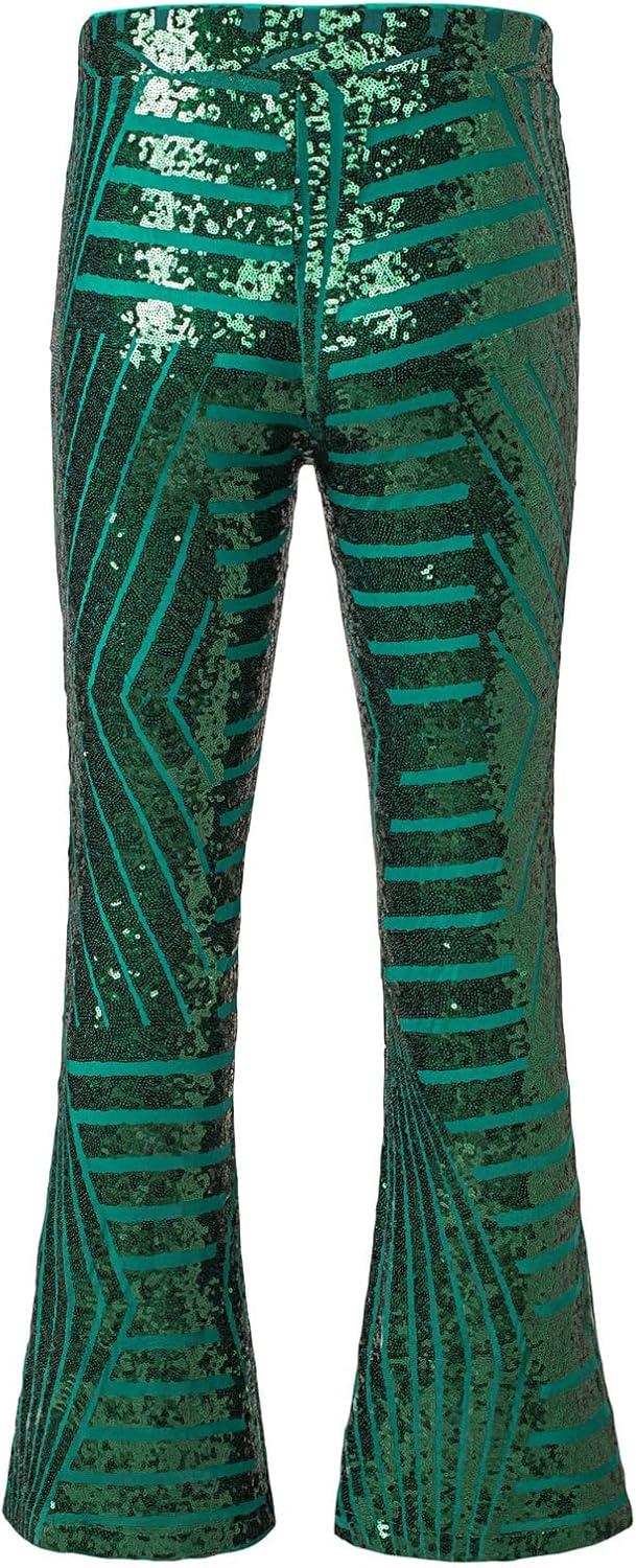 imageEVALESS Women Sequin Pants Sparkly Glitter High Waisted Wide Leg Flare Trousers Bell Bottom Night Out ClubwearGreen