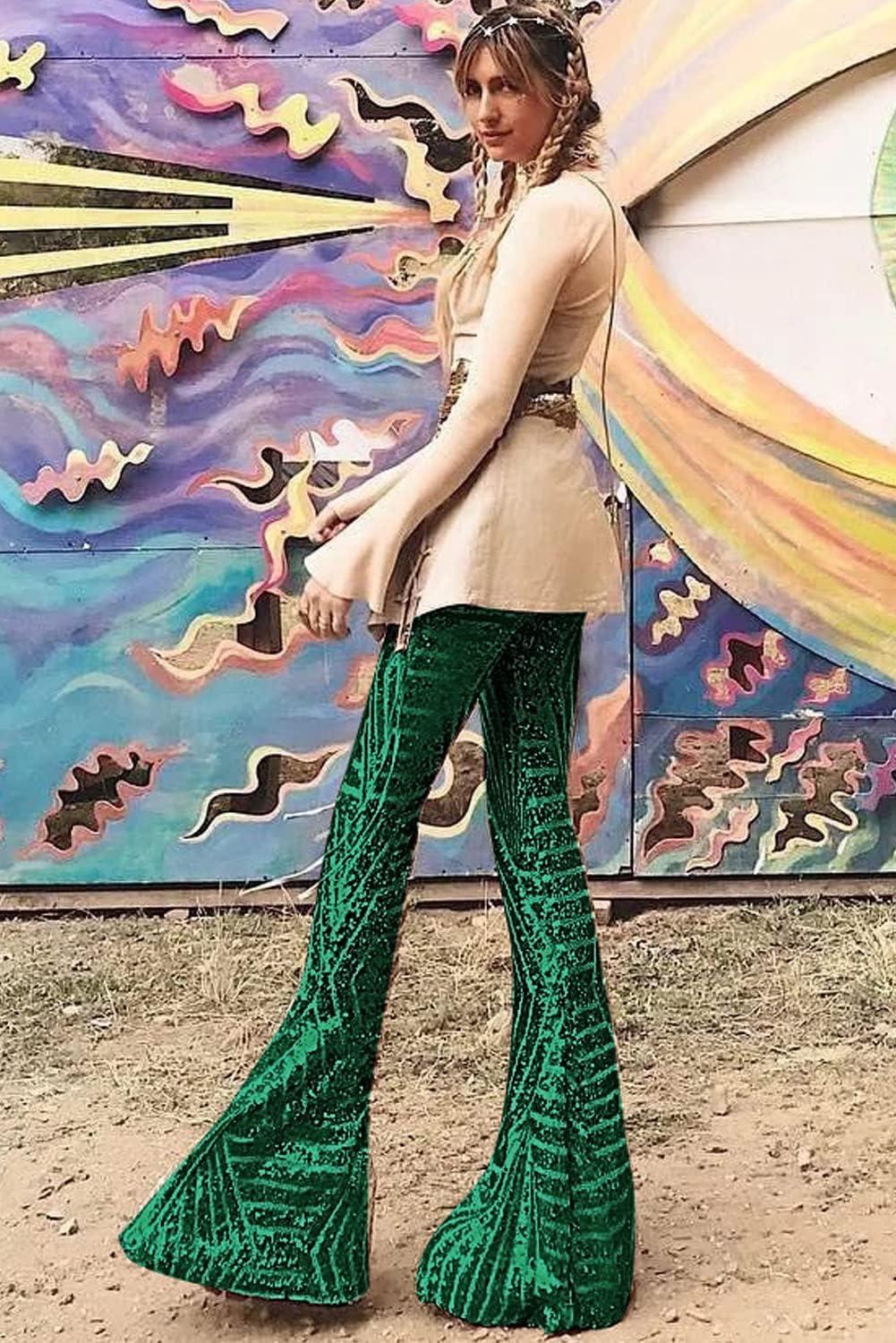 imageEVALESS Women Sequin Pants Sparkly Glitter High Waisted Wide Leg Flare Trousers Bell Bottom Night Out ClubwearGreen