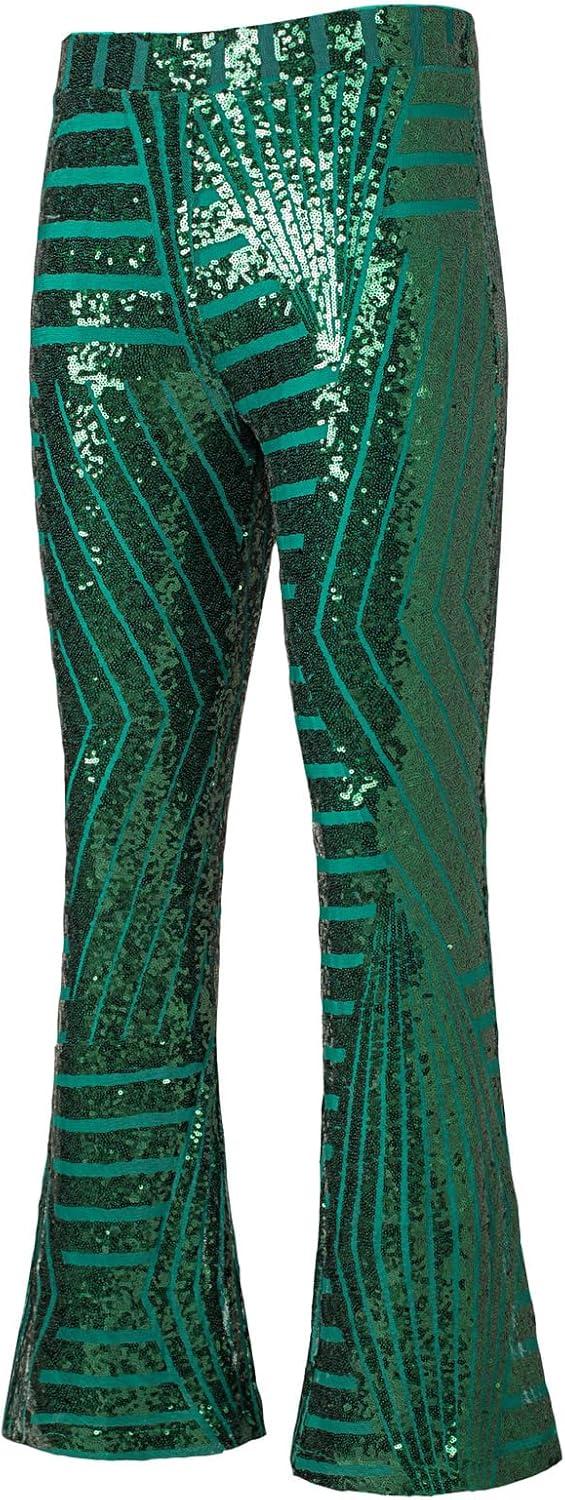 imageEVALESS Women Sequin Pants Sparkly Glitter High Waisted Wide Leg Flare Trousers Bell Bottom Night Out ClubwearGreen