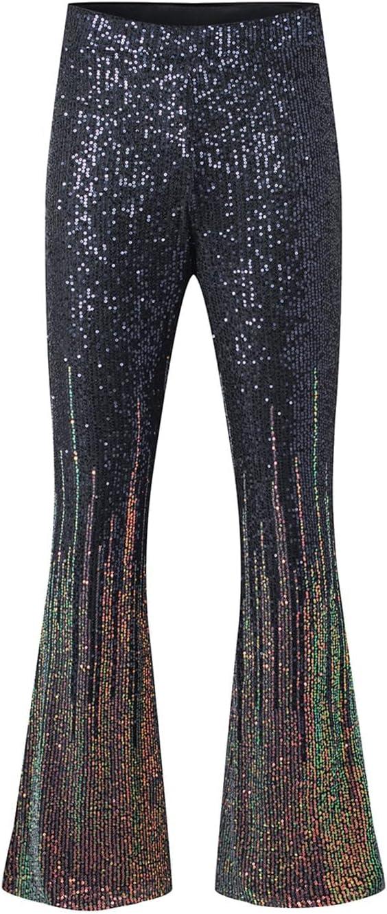 imageEVALESS Women Sequin Pants Sparkly Glitter High Waisted Wide Leg Flare Trousers Bell Bottom Night Out ClubwearMulticolor