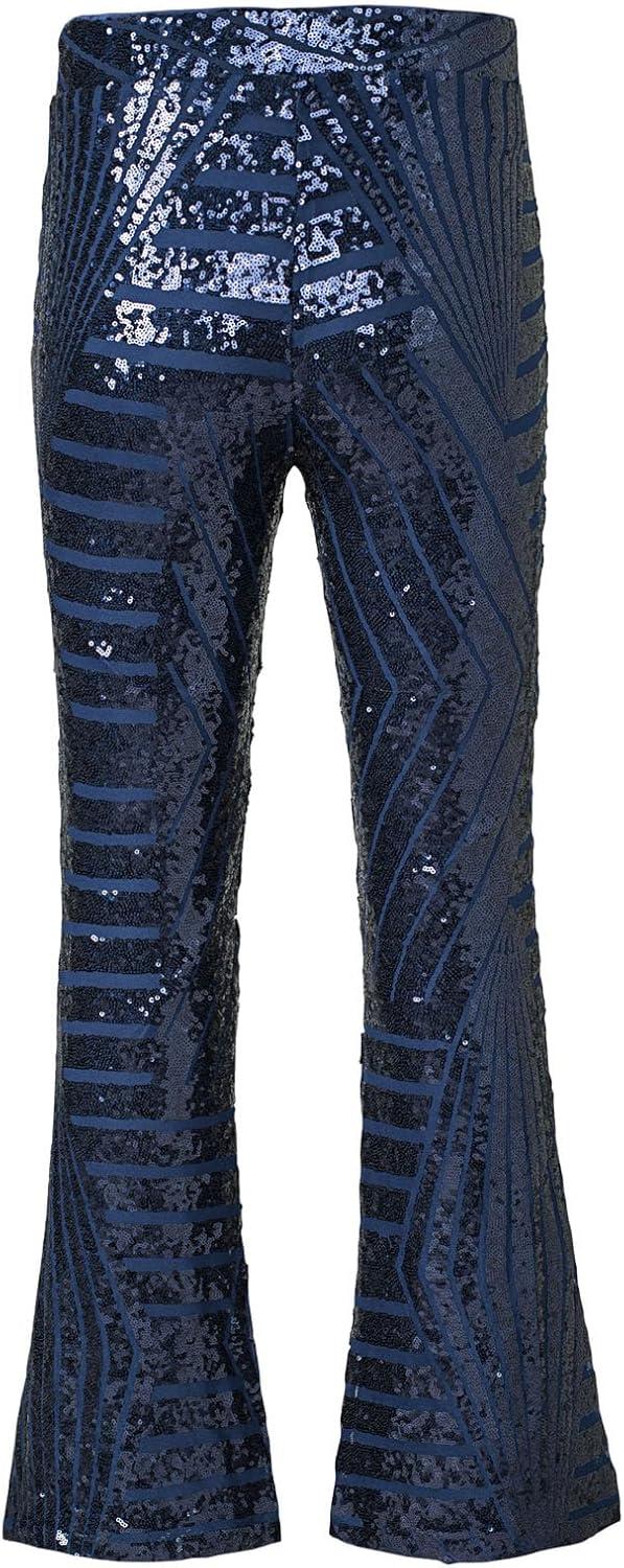 imageEVALESS Women Sequin Pants Sparkly Glitter High Waisted Wide Leg Flare Trousers Bell Bottom Night Out ClubwearNavy Blue