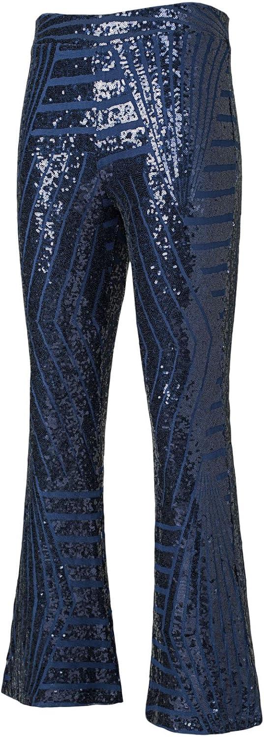 imageEVALESS Women Sequin Pants Sparkly Glitter High Waisted Wide Leg Flare Trousers Bell Bottom Night Out ClubwearNavy Blue