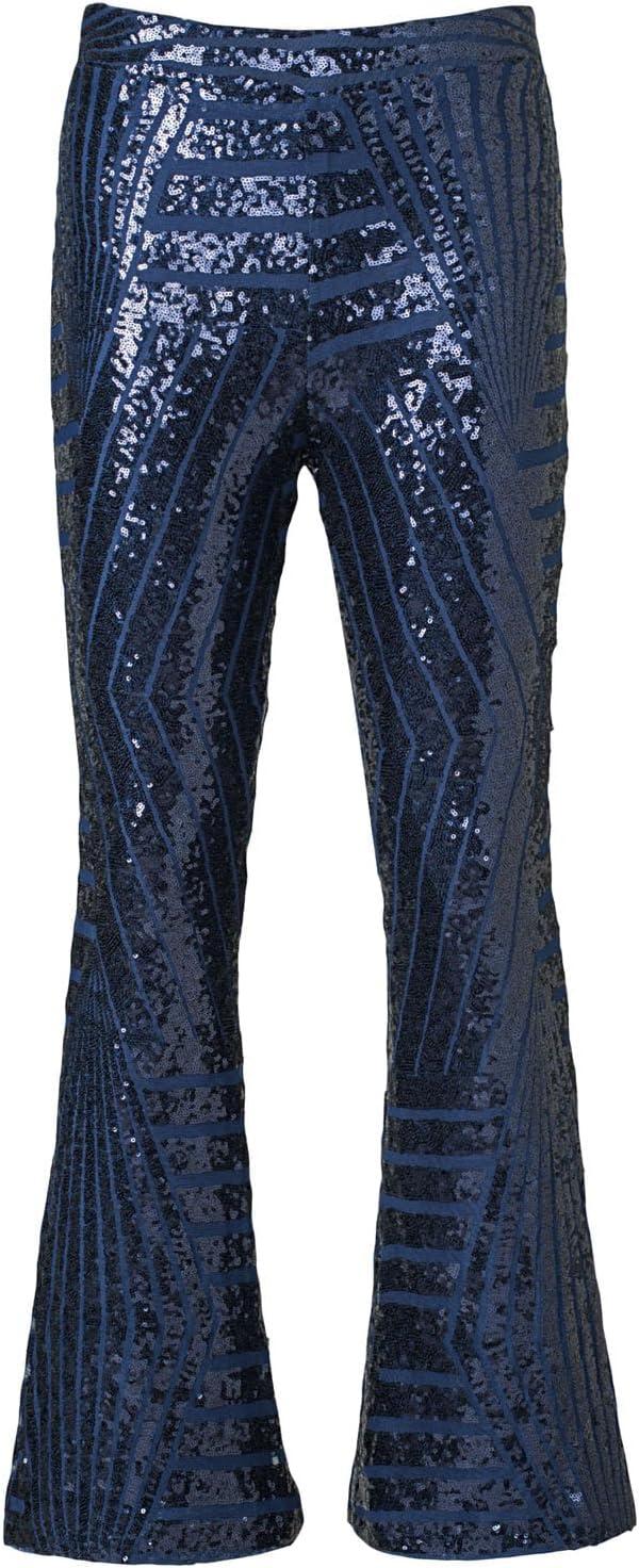imageEVALESS Women Sequin Pants Sparkly Glitter High Waisted Wide Leg Flare Trousers Bell Bottom Night Out ClubwearNavy Blue