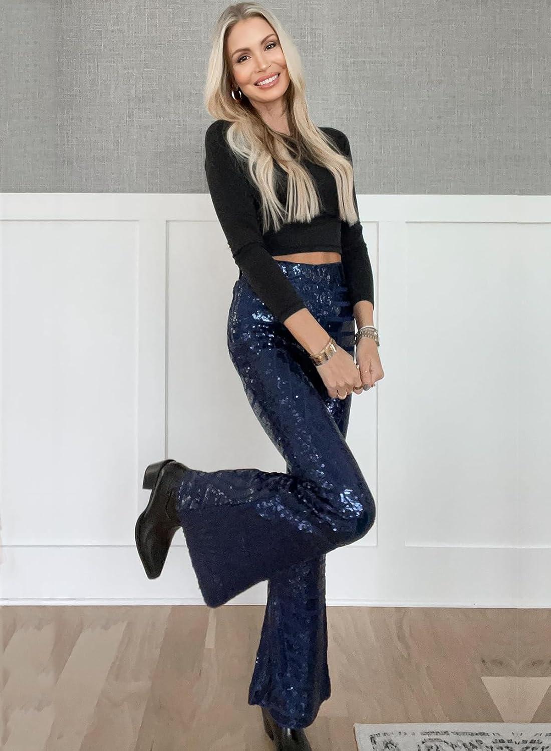 imageEVALESS Women Sequin Pants Sparkly Glitter High Waisted Wide Leg Flare Trousers Bell Bottom Night Out ClubwearNavy Blue