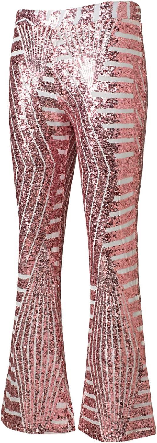 imageEVALESS Women Sequin Pants Sparkly Glitter High Waisted Wide Leg Flare Trousers Bell Bottom Night Out ClubwearPink