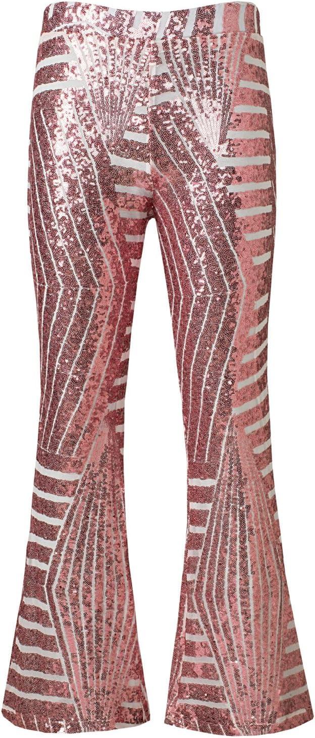 imageEVALESS Women Sequin Pants Sparkly Glitter High Waisted Wide Leg Flare Trousers Bell Bottom Night Out ClubwearPink