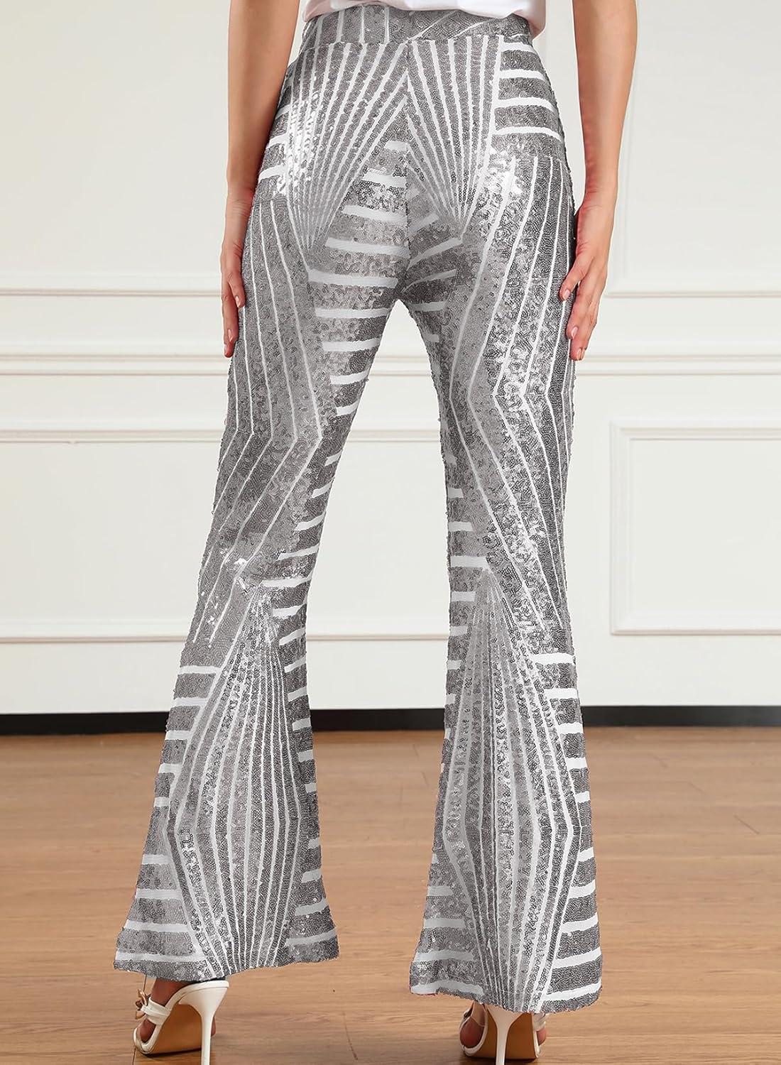 imageEVALESS Women Sequin Pants Sparkly Glitter High Waisted Wide Leg Flare Trousers Bell Bottom Night Out ClubwearSilver