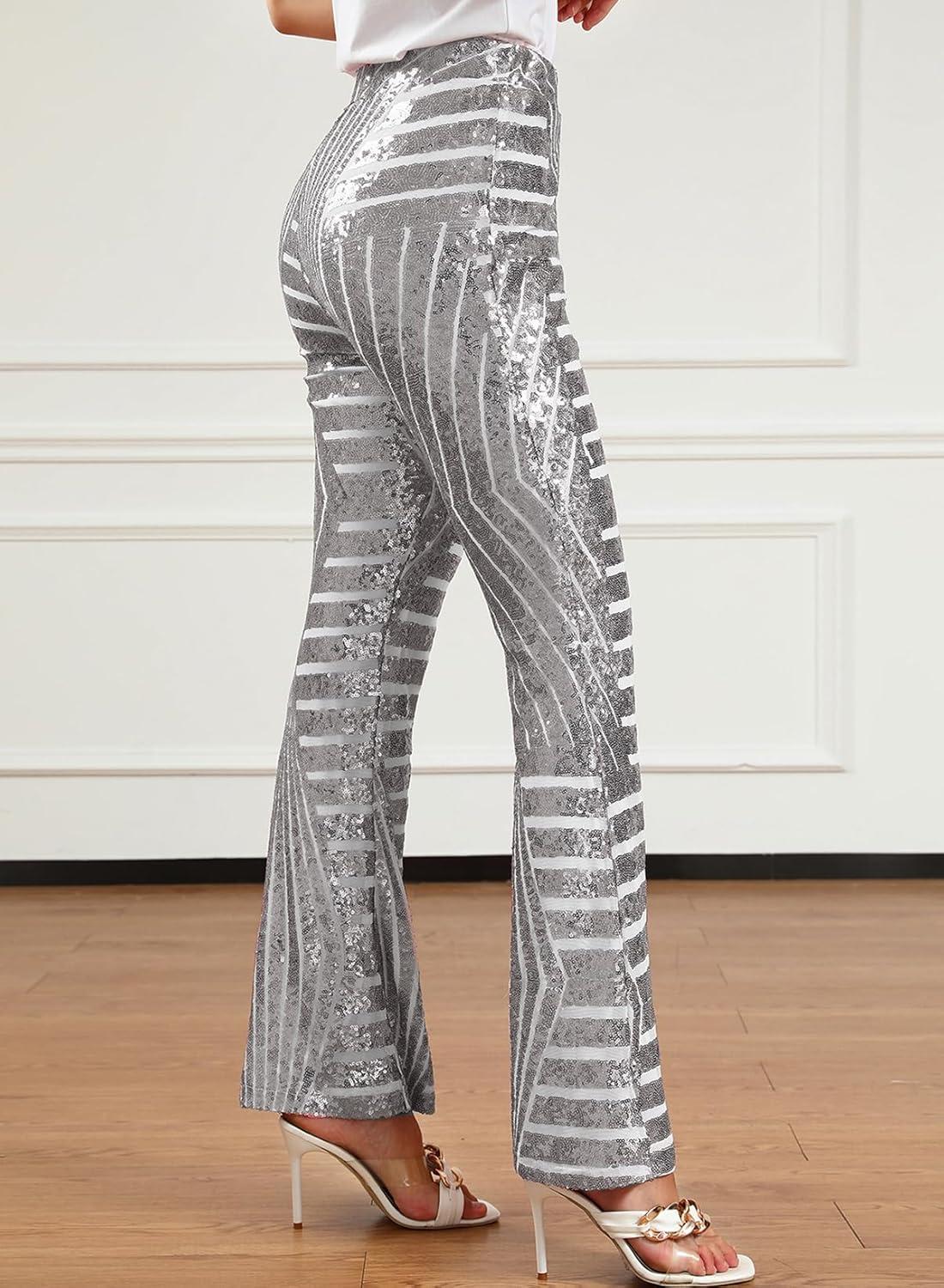 imageEVALESS Women Sequin Pants Sparkly Glitter High Waisted Wide Leg Flare Trousers Bell Bottom Night Out ClubwearSilver