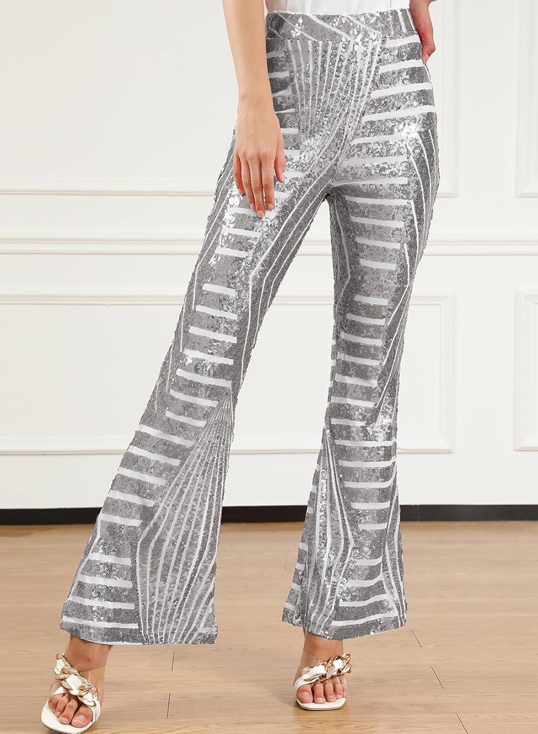 imageEVALESS Women Sequin Pants Sparkly Glitter High Waisted Wide Leg Flare Trousers Bell Bottom Night Out ClubwearSilver