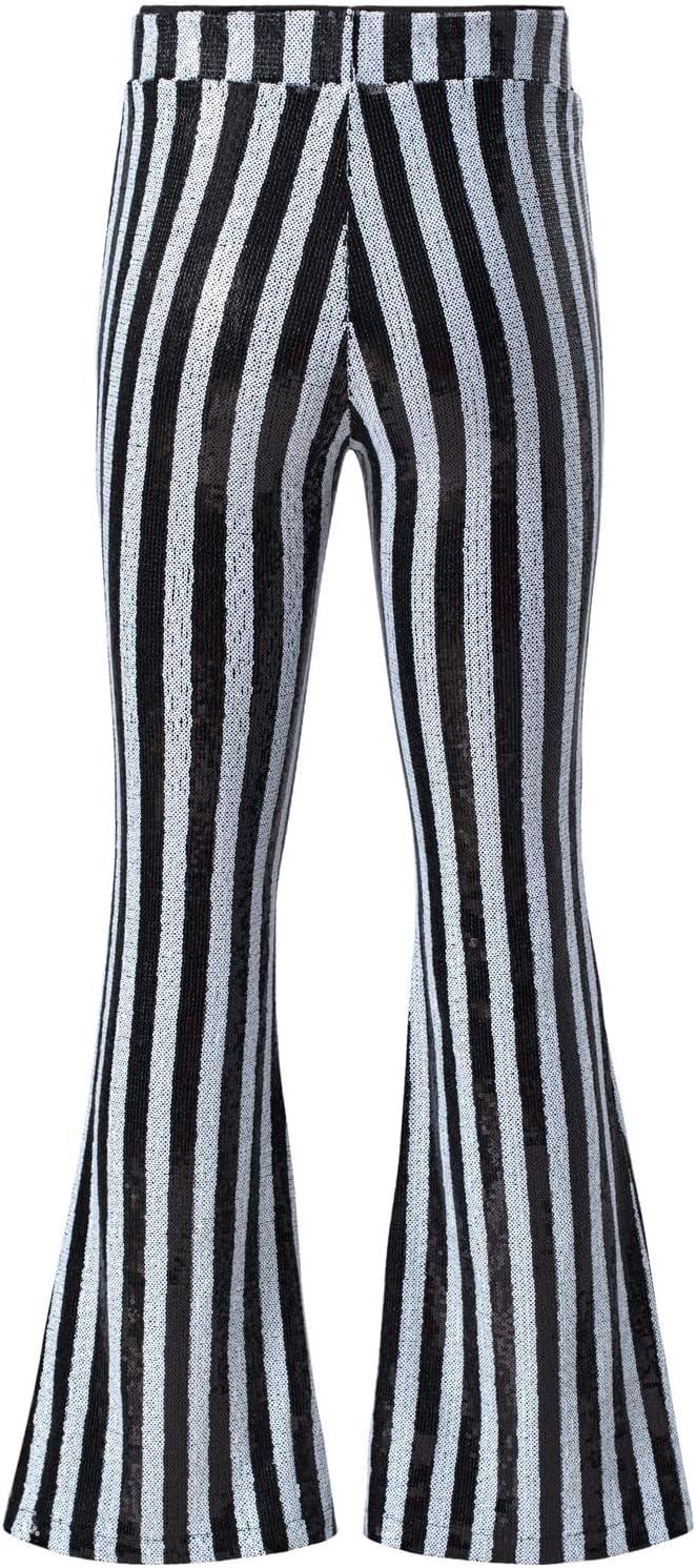 imageEVALESS Women Sequin Pants Sparkly Glitter High Waisted Wide Leg Flare Trousers Bell Bottom Night Out ClubwearWhite Stripe
