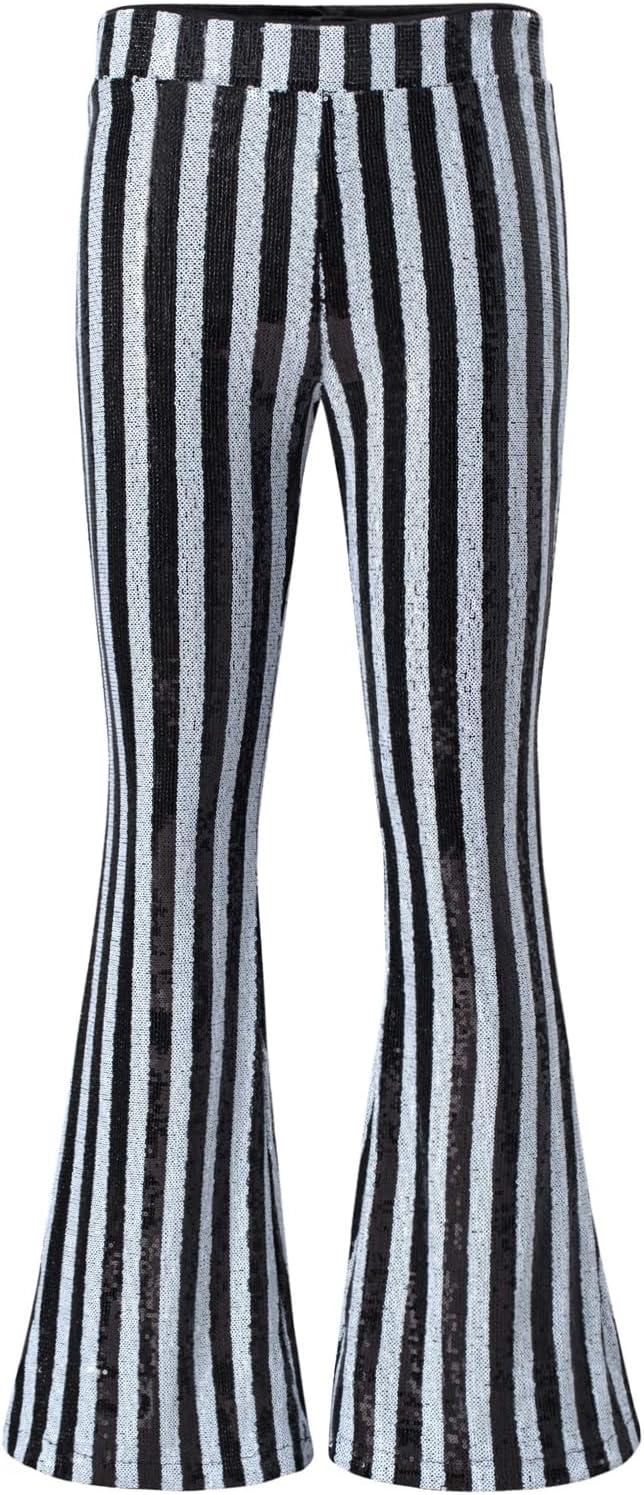imageEVALESS Women Sequin Pants Sparkly Glitter High Waisted Wide Leg Flare Trousers Bell Bottom Night Out ClubwearWhite Stripe